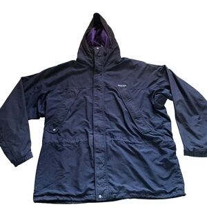 Vintage Patagonia 90s nylon hooded water resistant overcoat lined navy jacket XL